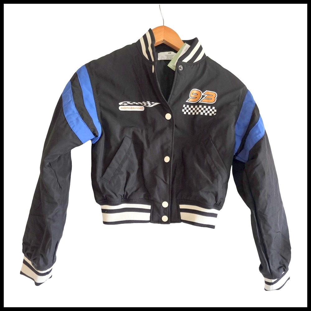 HM Kids Black Blue Racing Motorsport Varsity Bomber Jacket Size 12 US Years